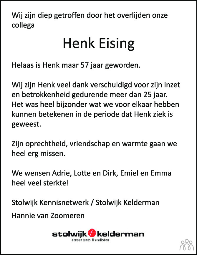 Overlijdensbericht van Henk Eising in de Stentor
