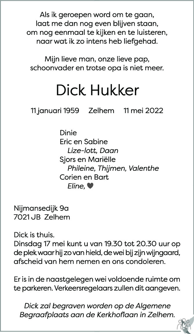 Overlijdensbericht van Dick Hukker in de Gelderlander