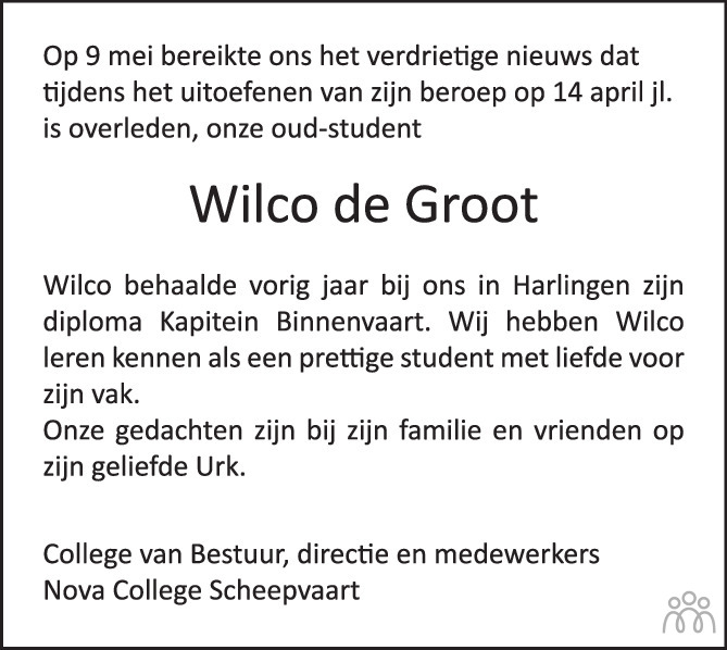Overlijdensbericht van Wilco de Groot in de Stentor