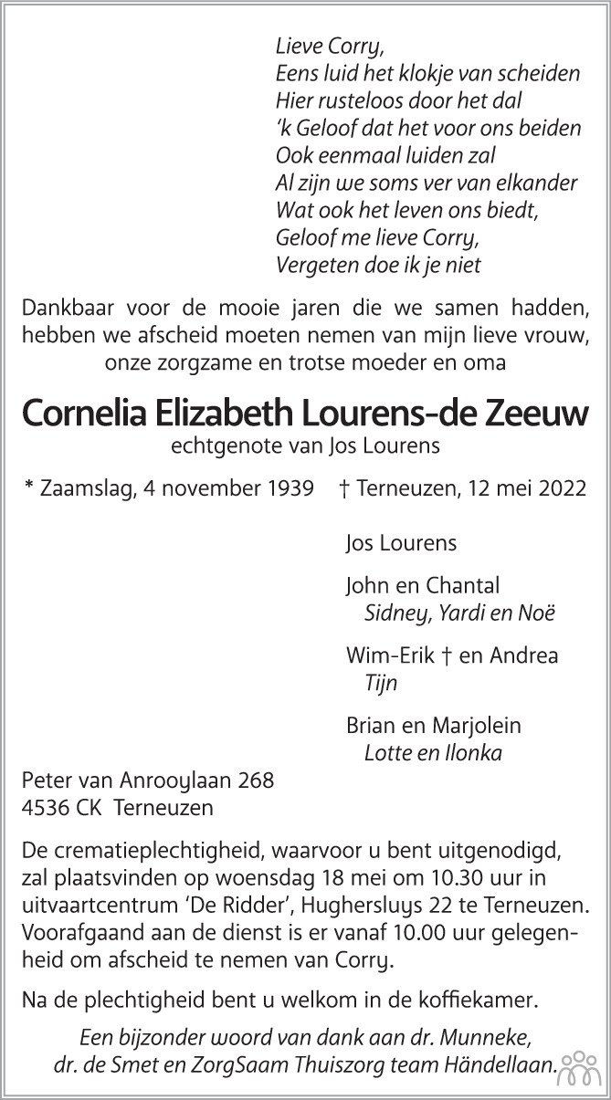 Overlijdensbericht van Cornelia Elizabeth Lourens-de Zeeuw in PZC Provinciale Zeeuwse Courant