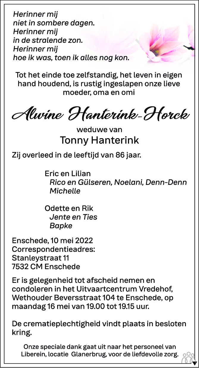 Overlijdensbericht van Alwine Hanterink-Horck in Tubantia