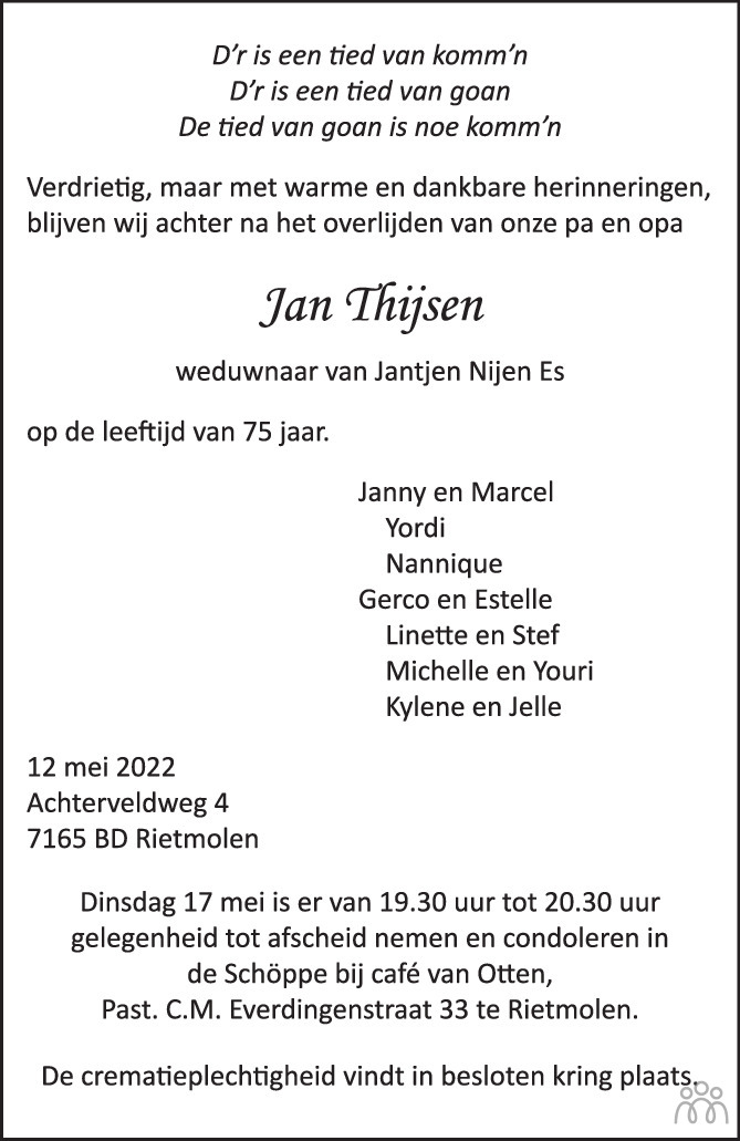 Overlijdensbericht van Jan Thijsen in Tubantia