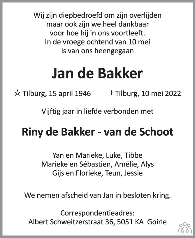 Overlijdensbericht van Jan de Bakker in Brabants Dagblad