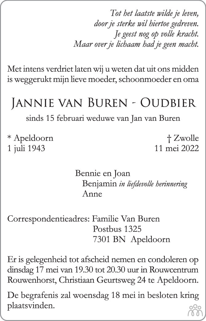 Overlijdensbericht van Jannie van Buren-Oudbier in de Stentor