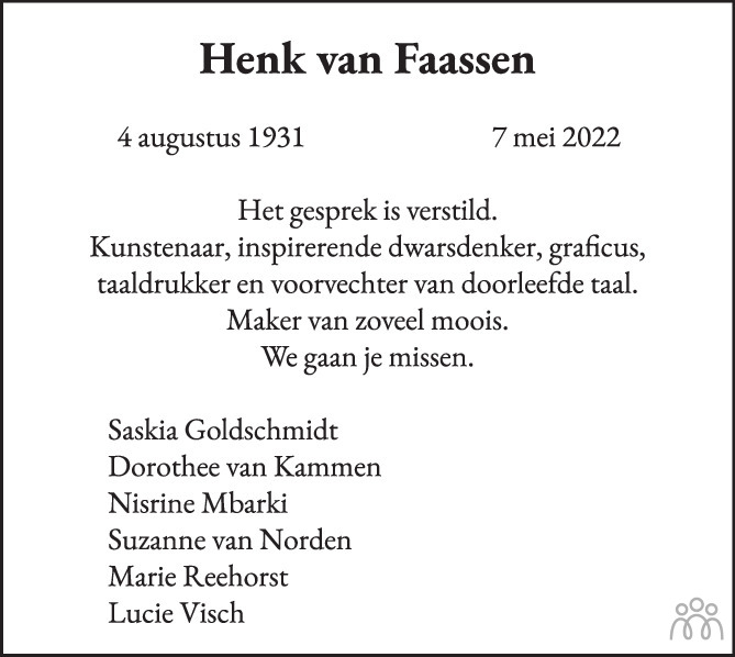 Overlijdensbericht van Henk van Faassen in Het Parool