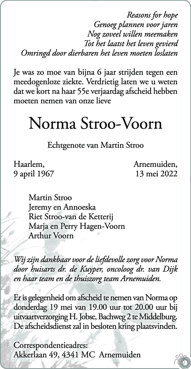 Overlijdensbericht van Norma Stroo-Voorn in PZC Provinciale Zeeuwse Courant