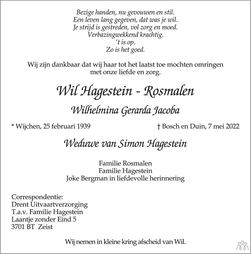 Overlijdensbericht van Wil (Wilhelmina Gerarda Jacoba) Hagestein-Rosmalen in AD Algemeen Dagblad