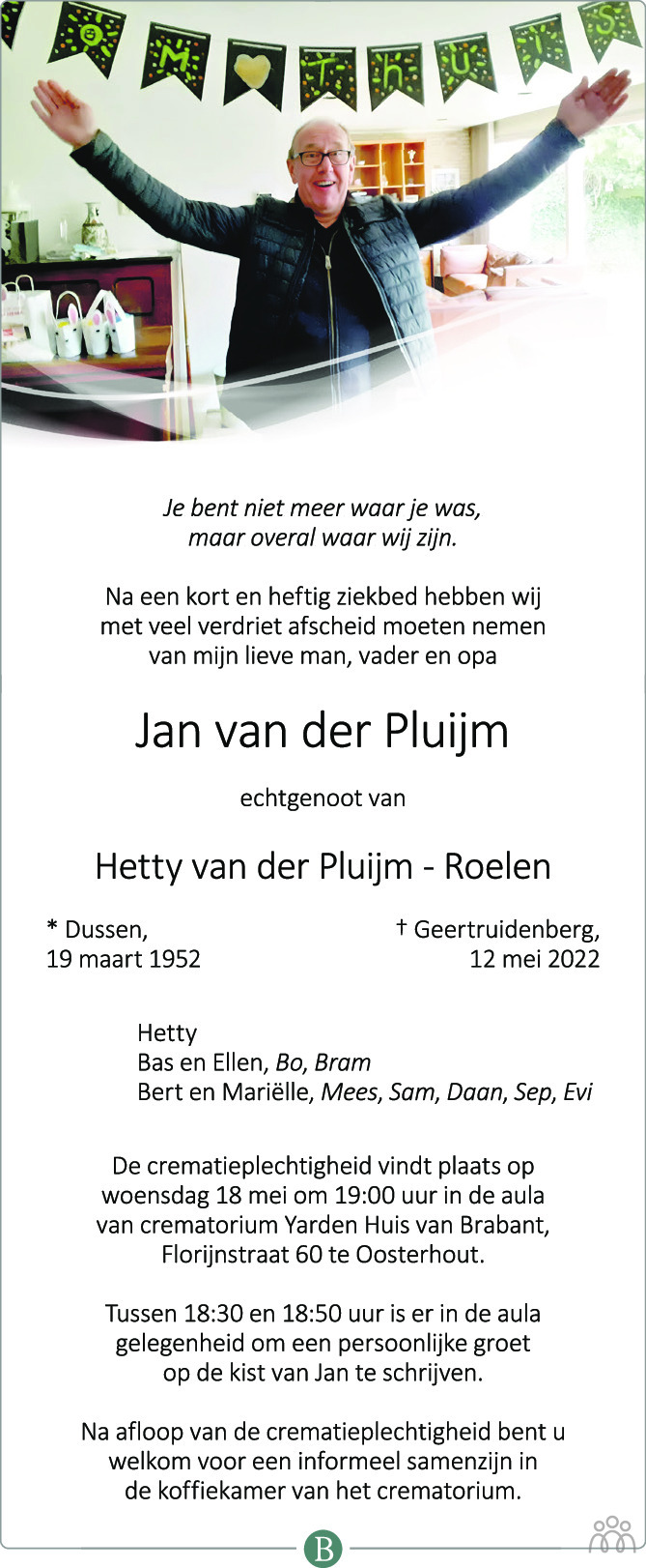 Overlijdensbericht van Jan van der Pluijm in BN DeStem