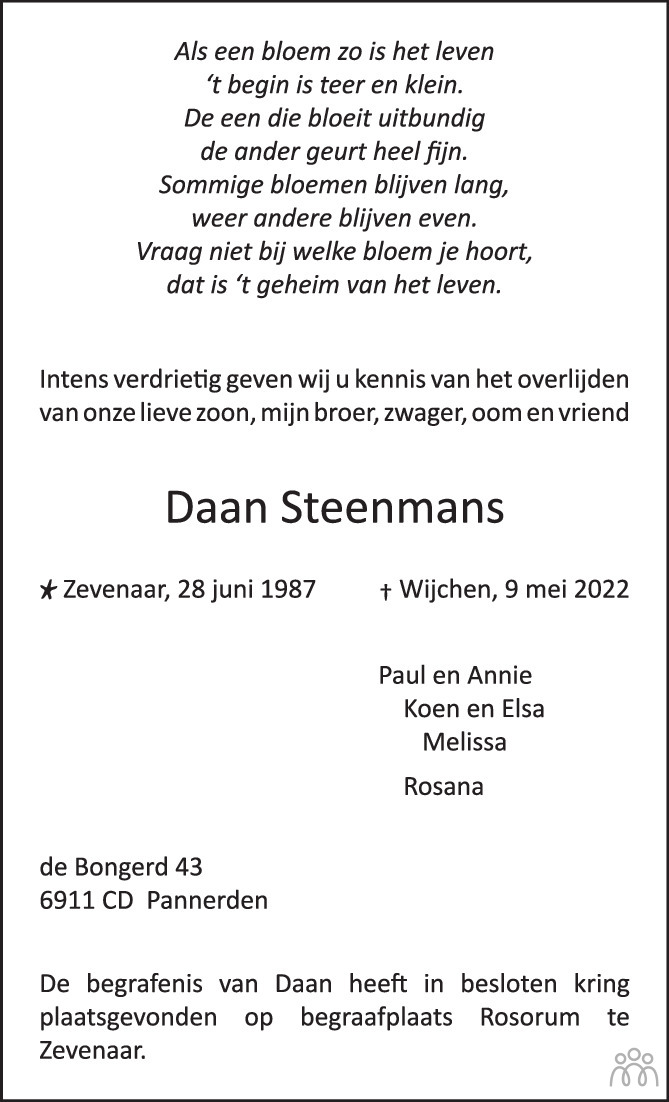 Overlijdensbericht van Daan Steenmans in de Gelderlander