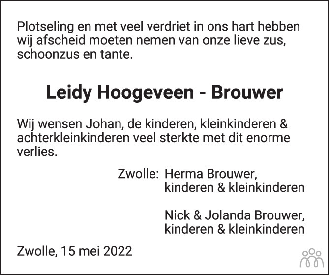 Overlijdensbericht van Mina Aleida (Leidy) Hoogeveen-Brouwer in de Stentor