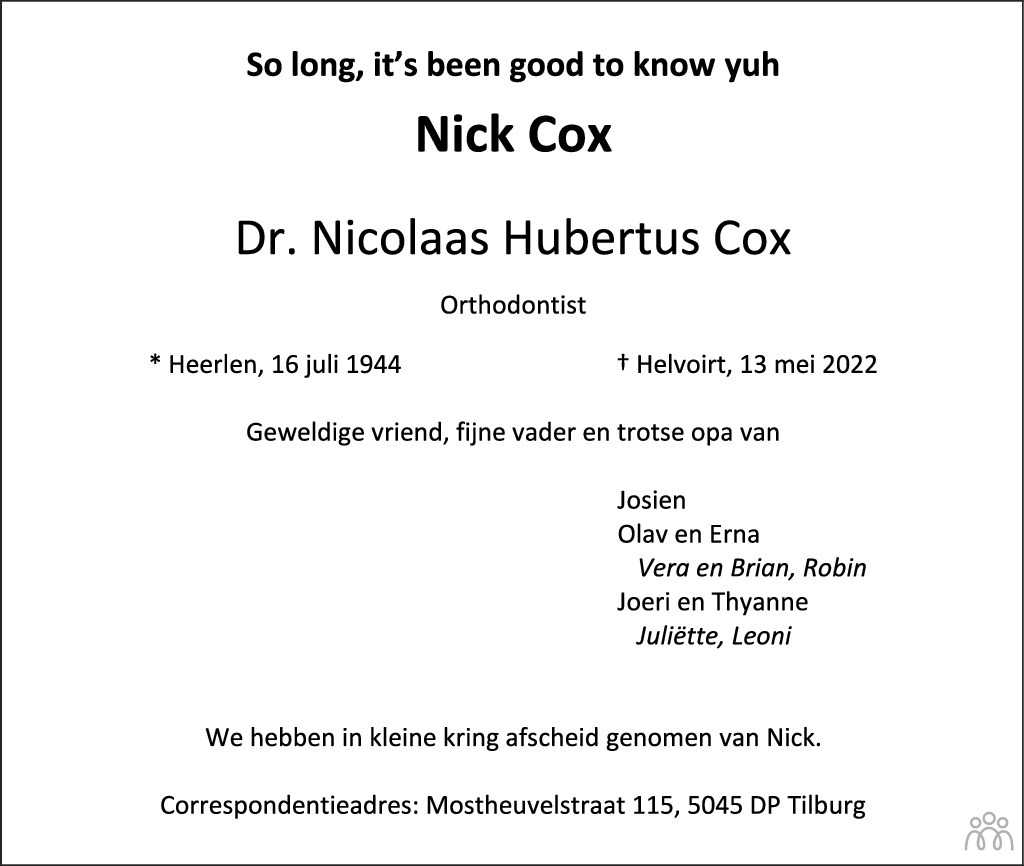 Overlijdensbericht van Nick (Nicolaas Hubertus) Cox in Brabants Dagblad