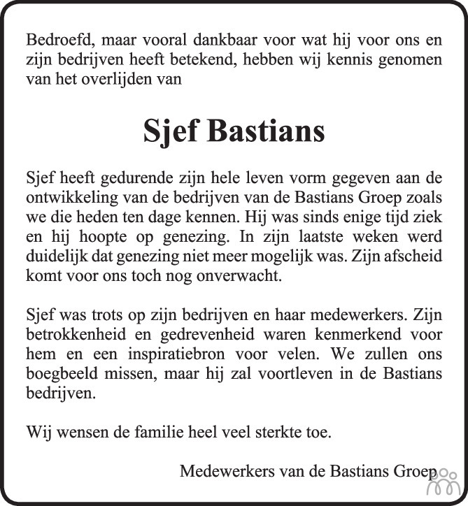 Overlijdensbericht van Sjef Bastians in BN DeStem