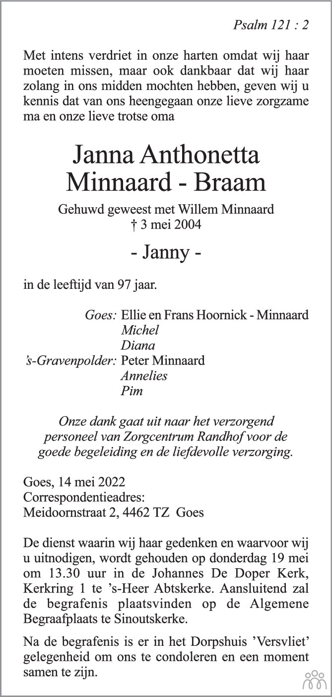 Overlijdensbericht van Janna Anthonetta (Janny) Minnaard-Braam in PZC Provinciale Zeeuwse Courant