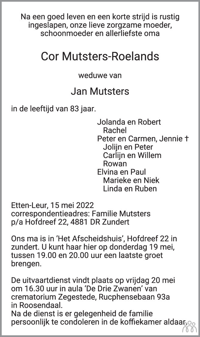 Overlijdensbericht van Cor Mutsters-Roelands in BN DeStem