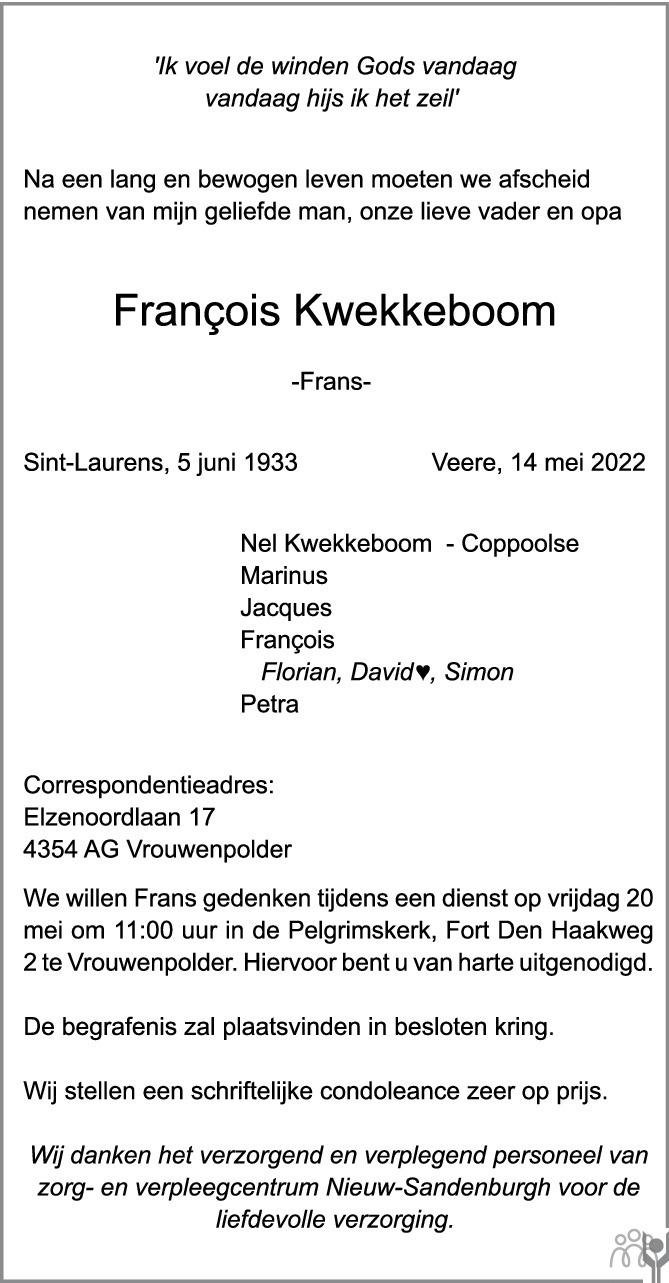 Overlijdensbericht van François (Frans) Kwekkeboom in PZC Provinciale Zeeuwse Courant