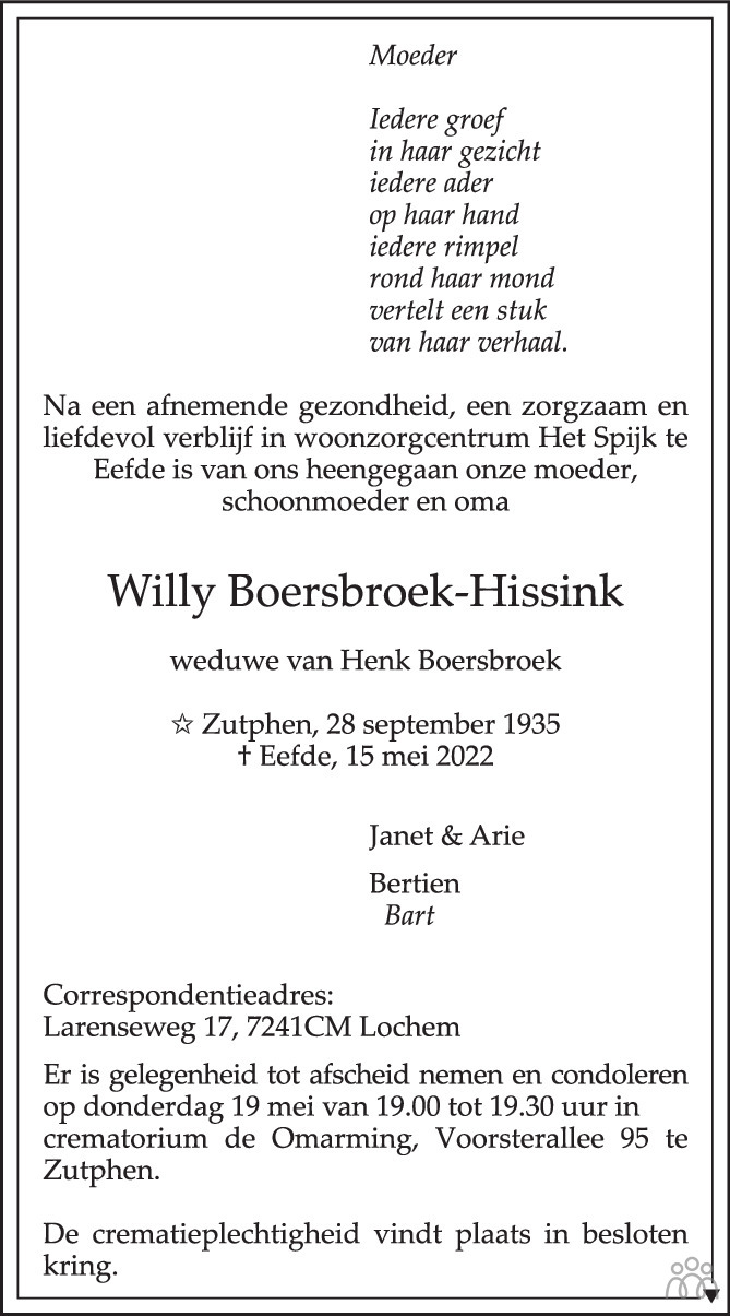 Overlijdensbericht van Willy Boersbroek-Hissink in de Stentor