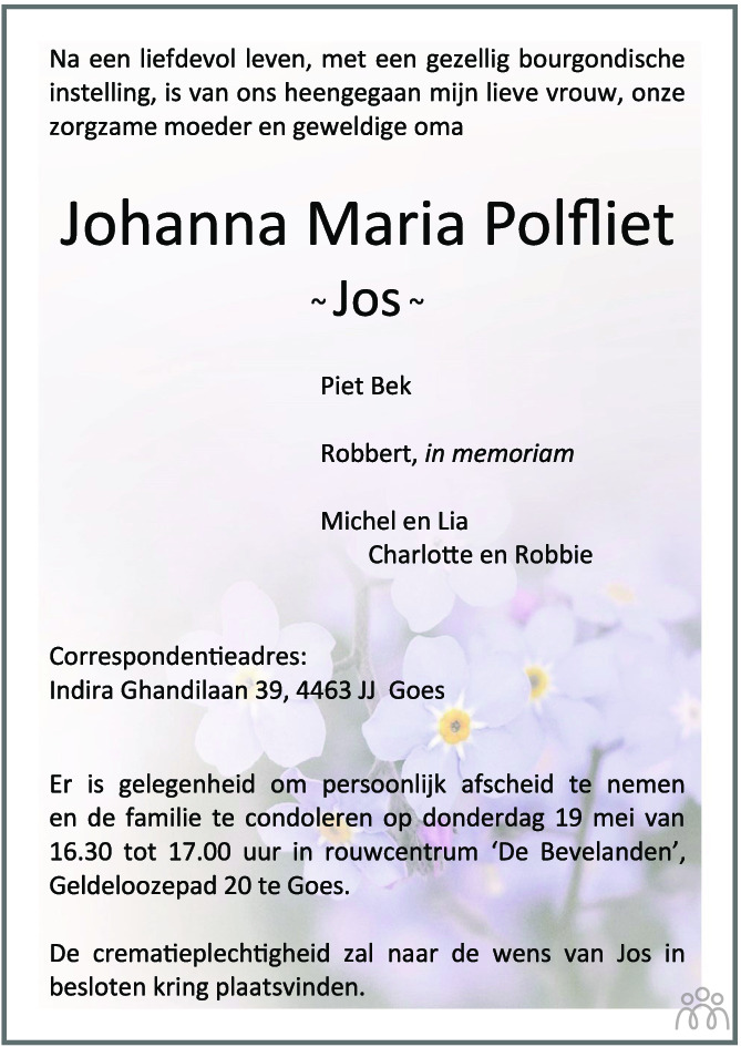 Overlijdensbericht van Johanna Maria (Jos) Bek-Polfliet in PZC Provinciale Zeeuwse Courant