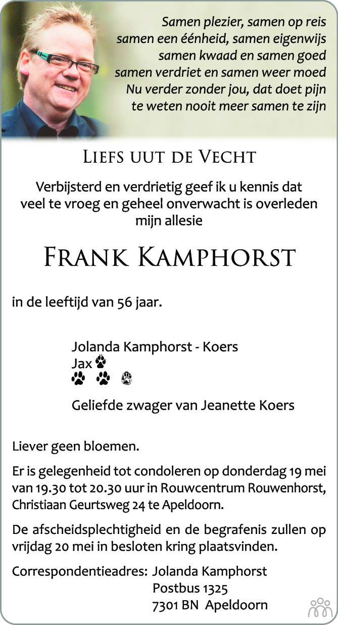 Overlijdensbericht van Frank Kamphorst in de Stentor