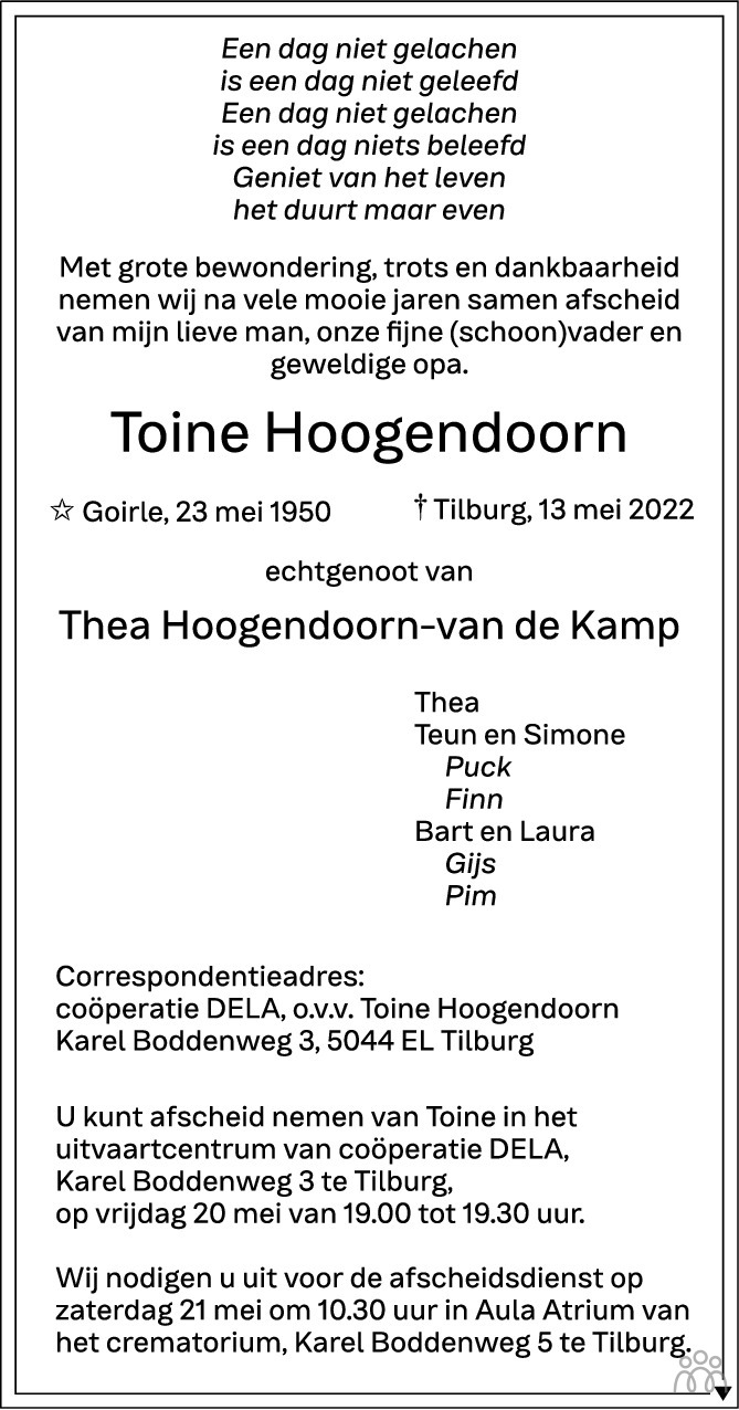 Overlijdensbericht van Toine Hoogendoorn in Brabants Dagblad