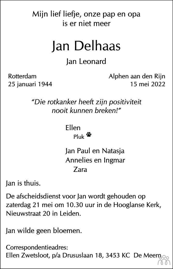 Overlijdensbericht van Jan (Jan Leonard) Delhaas in Trouw