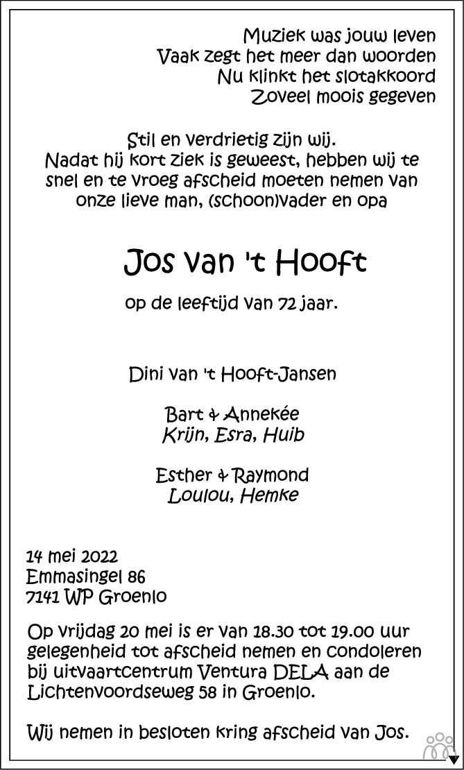 Overlijdensbericht van Jos van 't Hooft in de Gelderlander