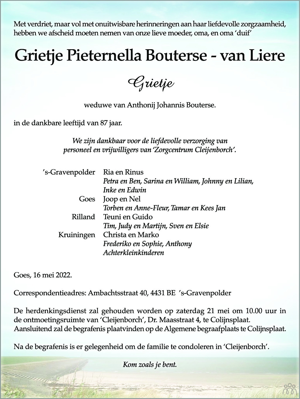 Overlijdensbericht van Grietje Pieternella Bouterse-van Liere in PZC Provinciale Zeeuwse Courant