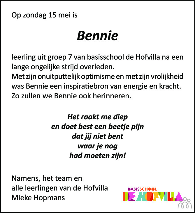 Overlijdensbericht van Bennie  in AD Algemeen Dagblad