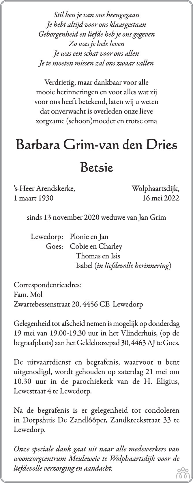 Overlijdensbericht van Barbara (Betsie) Grim-van den Dries in PZC Provinciale Zeeuwse Courant