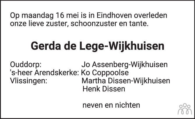 Overlijdensbericht van Gerda de Lege-Wijkhuisen in PZC Provinciale Zeeuwse Courant