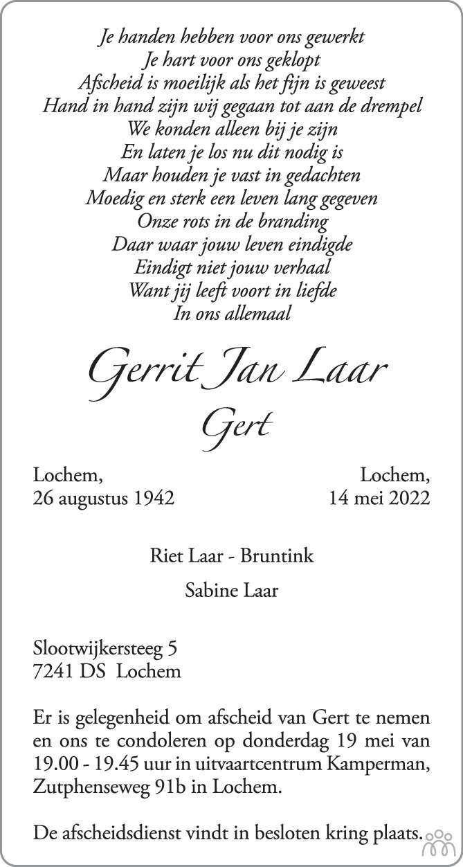Overlijdensbericht van Gerrit Jan (Gert) Laar in de Stentor