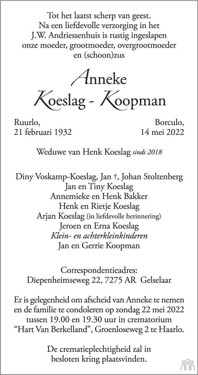 Overlijdensbericht van Anneke Koeslag-Koopman in de Stentor