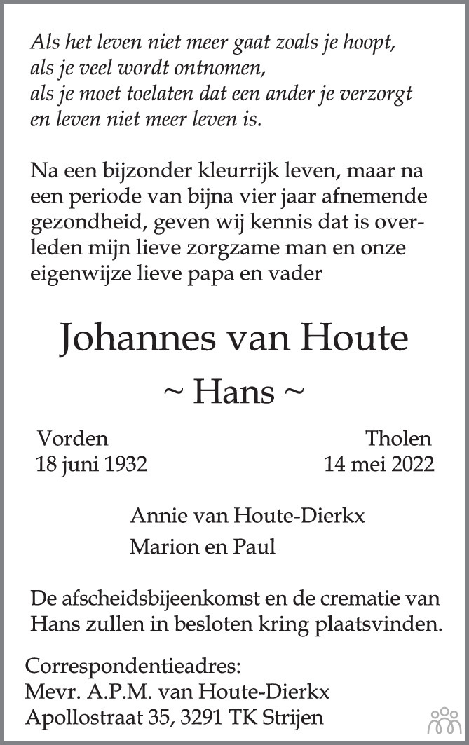 Overlijdensbericht van Johannes (Hans) van Houte in PZC Provinciale Zeeuwse Courant