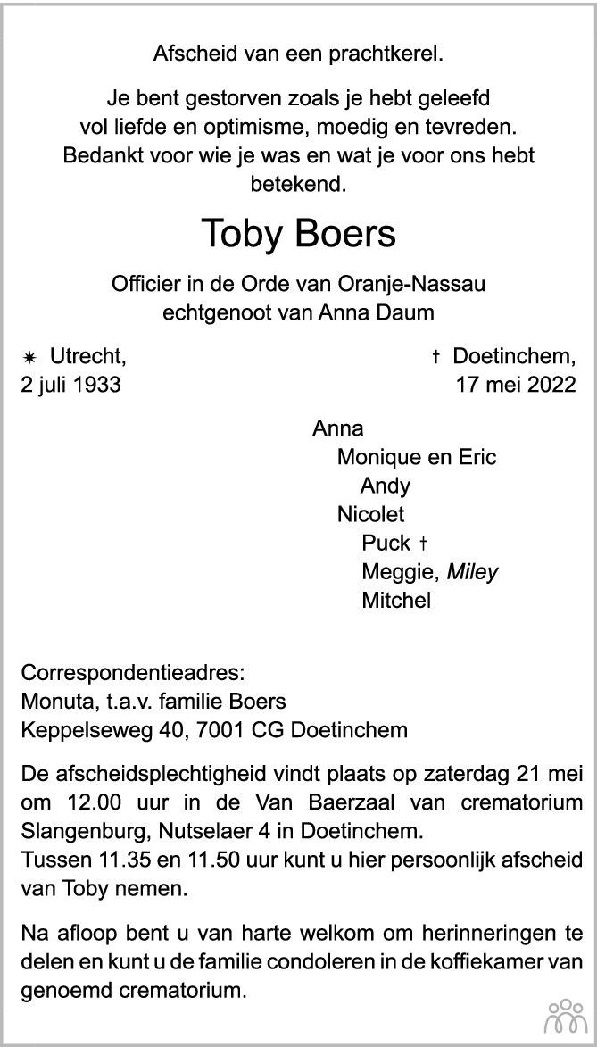 Overlijdensbericht van Toby Boers in de Gelderlander