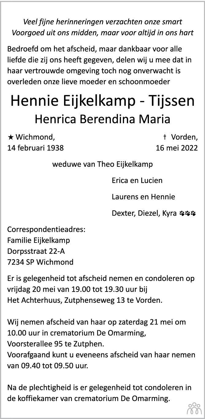 Overlijdensbericht van Hennie (Henrica Berendina Maria) Eijkelkamp-Tijssen in de Stentor