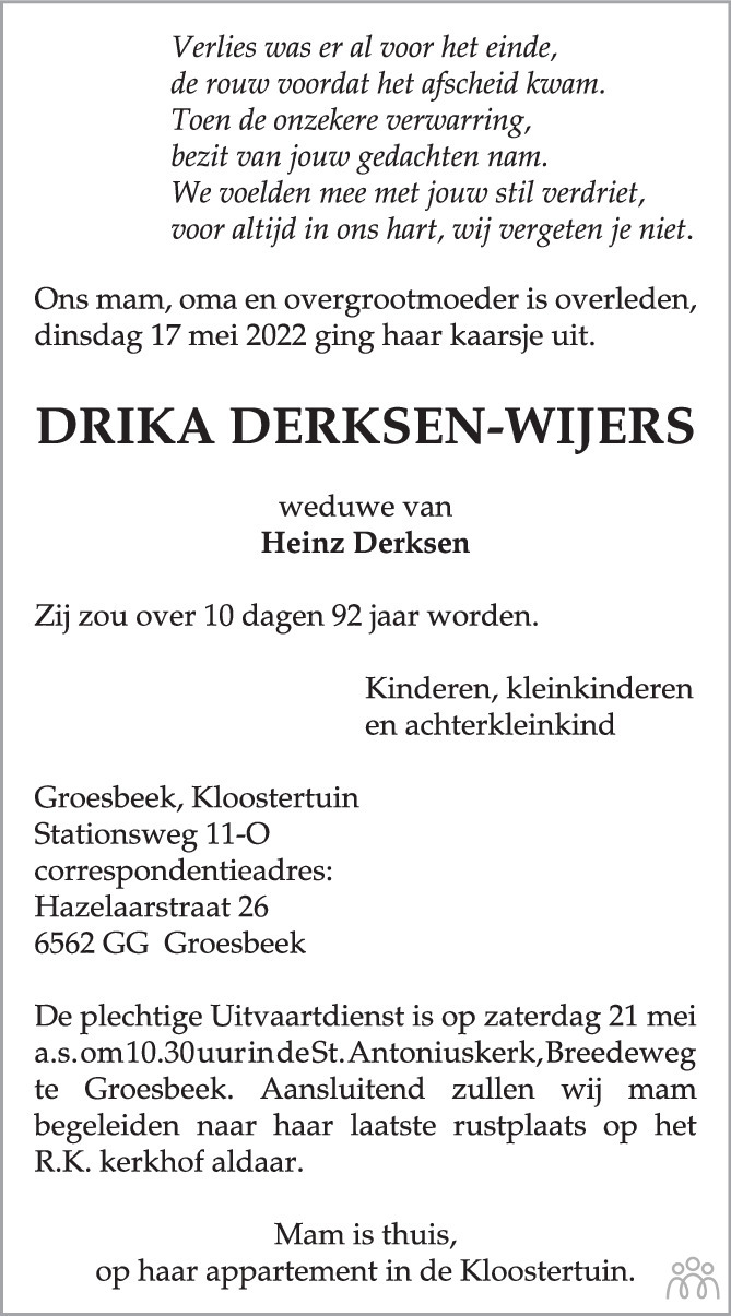 Overlijdensbericht van Drika Derksen-Wijers in de Gelderlander
