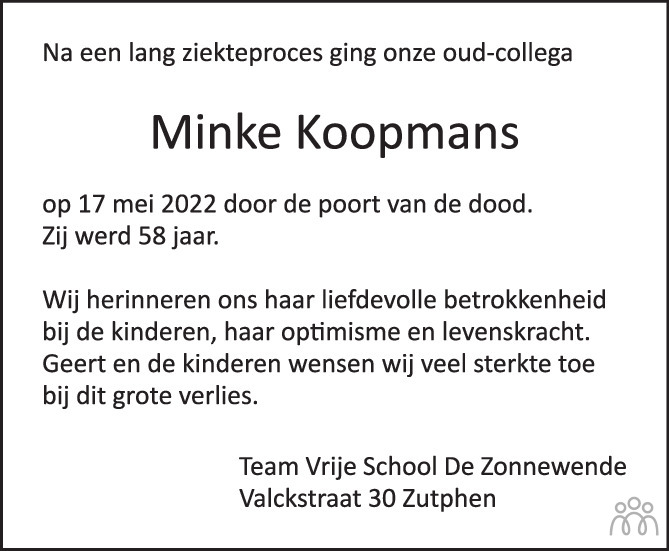 Overlijdensbericht van Minke Koopmans in de Stentor