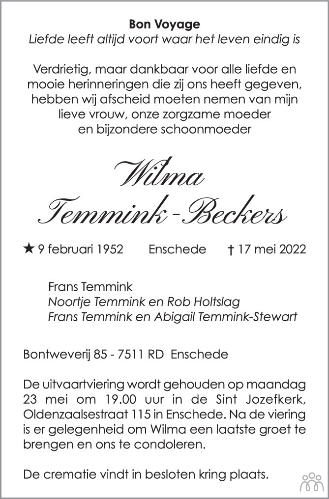 Overlijdensbericht van Wilma Temmink-Beckers in Tubantia