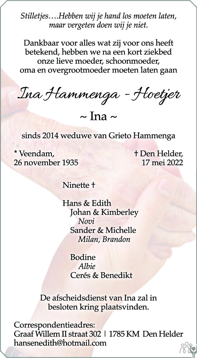 Overlijdensbericht van Ina Hammenga-Hoetjer in de Gelderlander