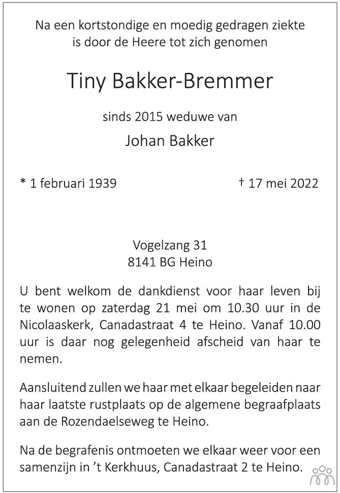 Overlijdensbericht van Tiny Bakker-Bremmer in de Stentor