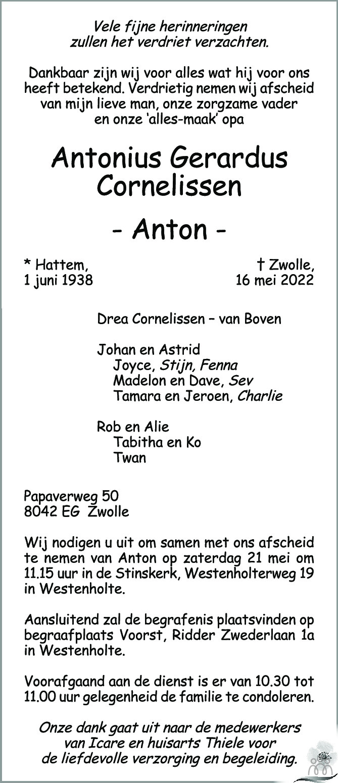 Overlijdensbericht van Antonius Gerardus (Anton) Cornelissen in de Stentor
