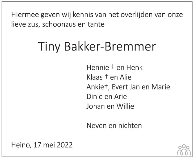 Overlijdensbericht van Tiny Bakker-Bremmer in de Stentor