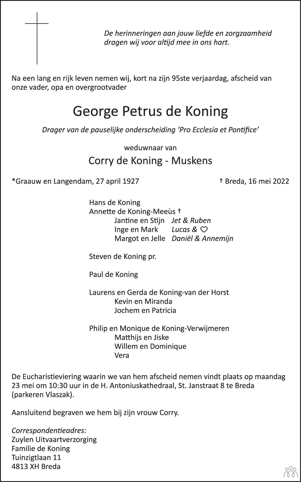 Overlijdensbericht van George Petrus de Koning in BN DeStem