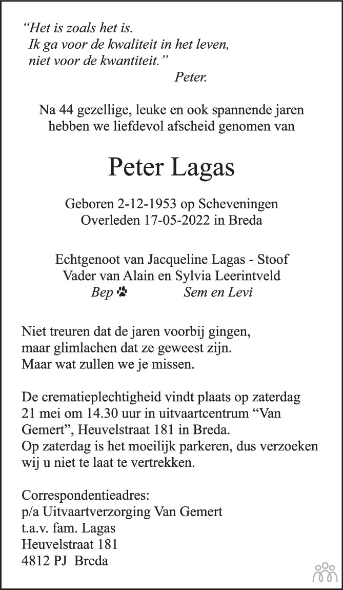 Overlijdensbericht van Peter Lagas in BN DeStem