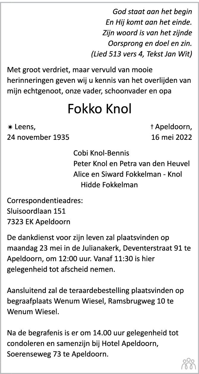 Overlijdensbericht van Fokko Knol in de Stentor
