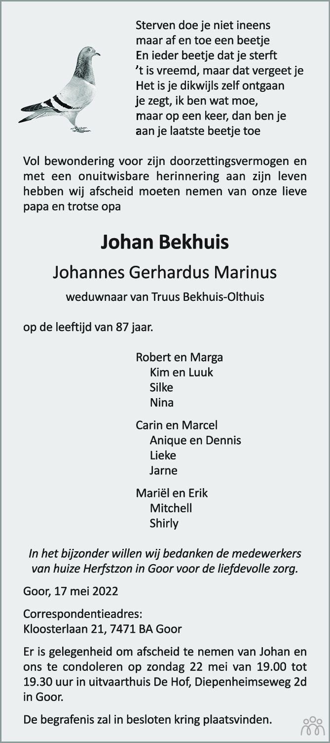 Overlijdensbericht van Johan (Johannes Gerhardus Marinus) Bekhuis in Tubantia
