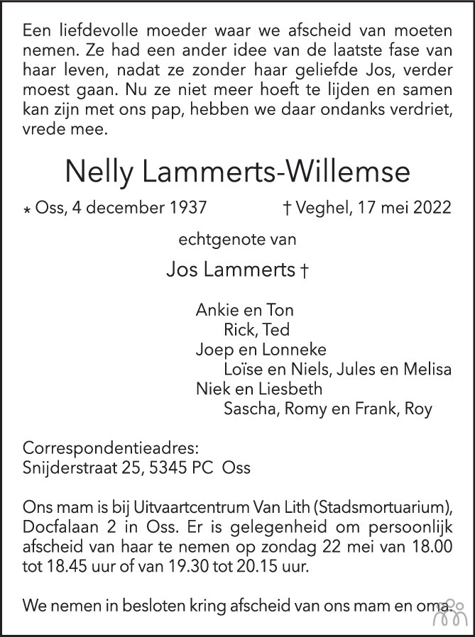 Overlijdensbericht van Nelly Lammerts-Willemse in Brabants Dagblad