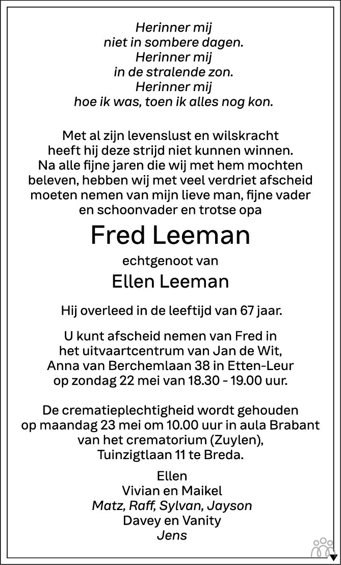 Overlijdensbericht van Fred Leeman in BN DeStem