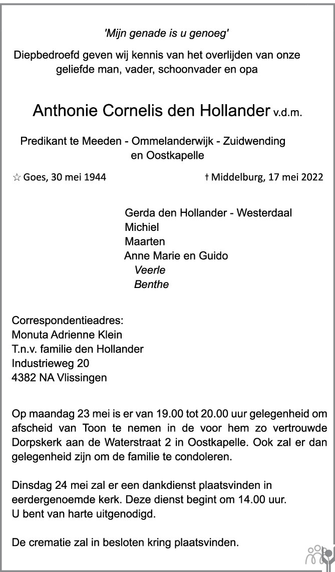 Overlijdensbericht van Anthonie Cornelis den Hollander v.d.m. in PZC Provinciale Zeeuwse Courant