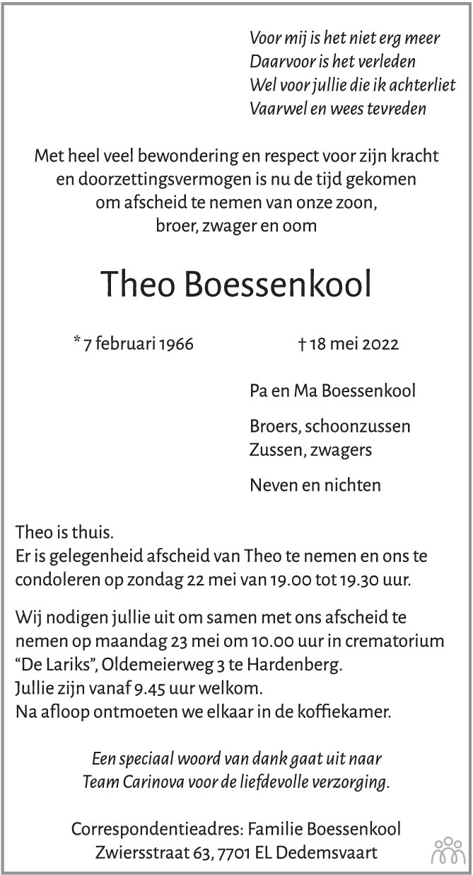 Overlijdensbericht van Theo Boessenkool in de Stentor