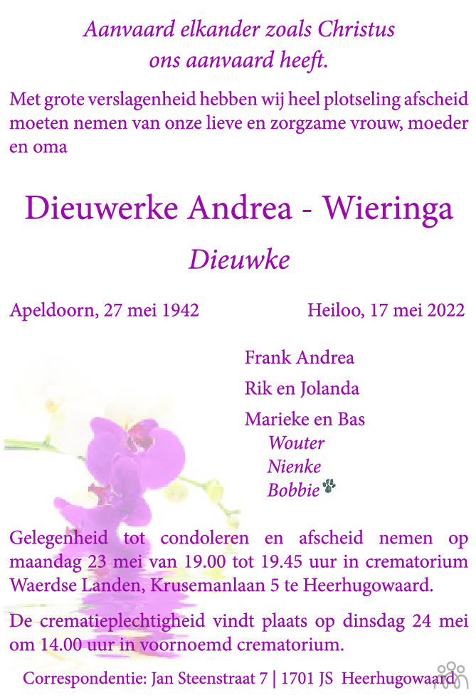 Overlijdensbericht van Dieuwerke (Dieuwke) Andrea-Wieringa in Trouw